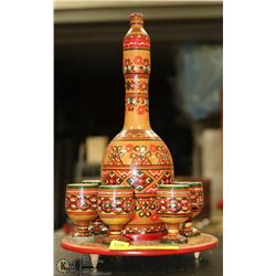 WOOD HANDPAINTED DECANTER AND SHOT GLASS SET