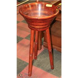 LARGE WOODEN SALAD BOWL AND TRIPOD STAND