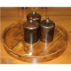 ROUND WOOD PLATTER WITH SET OF 3 WOOD CANISTERS
