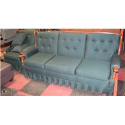 SOLID MAPLE AND GREEN FABRIC SOFA WITH CHAIR