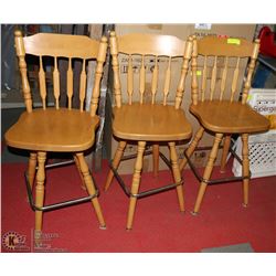 3 WOOD BAR HEIGHT HIGH BACK SWIVEL STOOLS