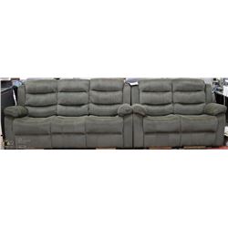 NEW DARK GREEN FABRIC RECLINING SOFA AND LOVE