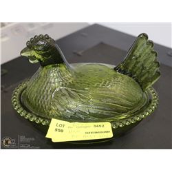 VINTAGE GREEN GLASS HEN ON NEST