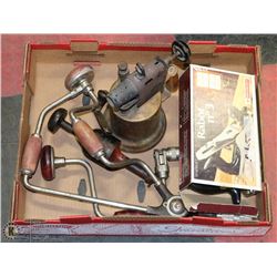 FLAT OF VINTAGE TOOLING INCL HAND DRILL, TORCH,