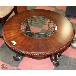 WOOD AND GLASS DECORATIVE COFFEE TABLE 38"D