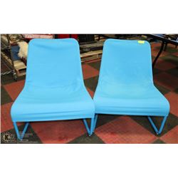 2 BLUE FABRIC AND METAL CHAIRS