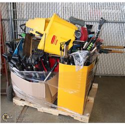 PALLET WITH ICE SCRAPERS, SHOVELS, WET FLOOR SIGNS