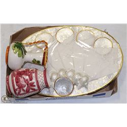 MOTHER OF PEARL PLACE SETTING AND 2 POTTERY VASES