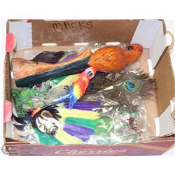 LOT OF JAMAICAN WOOD PARROT AND MARDI GRAS MASKS