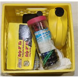 LOT OF ANTIFREEZE, TIE DOWNS, GARBAGE BAGS & MORE