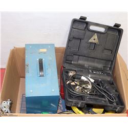 BOX WITH ASSORTED TOOLS INCL HEAT GUN AND MORE