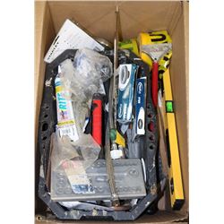BOX WITH ASSORTED CARPET LAYER TOOLS INCL SCRAPERS