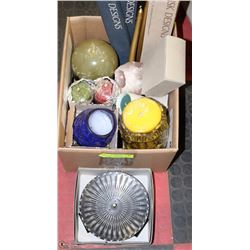 BOX OF ASSORTED CANDLES AND CANDLE HOLDERS INCL