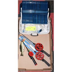 FLAT OF 3 ICE FISHING RODS & PLANO TACKLE BOX WITH
