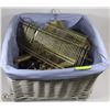 Image 1 : CLOTH LINED BASKET W/ WOODEN HANGERS, BRASS WINE