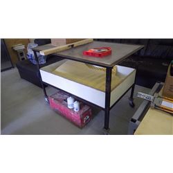 Unused 8" saw blades (stacked dado set), Table on wheels with shelf, Toolbox, and misc.