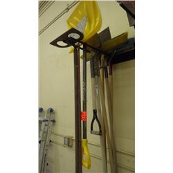 Grouping of misc brooms / snow shovel / round nose shovels / scrapers, etc.