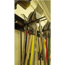 Grouping of scraper/ various shovels / rake / broom / sledge hammer