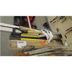 Lot of painters exterior pole / broom handles / axe / aluminum scoop shovel and new aluminum landsca