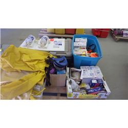 Pallet of assorted safety supplies and 2 eye wash stations, gloves, ear plugs, knee pads, safety gla