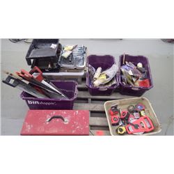 Pallet with bucket with assorted saws, paint trays and rollers, assorted tape measures, unused paint