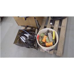Pail with straight line, masonry line blocks plus approx 13 unused mortar mixer belts