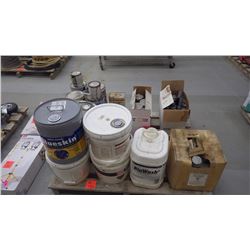 Pallet with misc pails of concrete bonding for concrete repair / concrete cleaner / membrane adhesiv