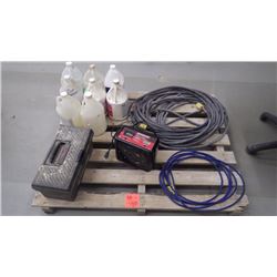 Moto Master battery charger / assorted cleaners / misc tools and tool box / approx 50' industrial H.