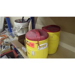 2 boxes brooms and brushes (no handles) plus 2 Igloo industri2 al water coolers (5 gallon)