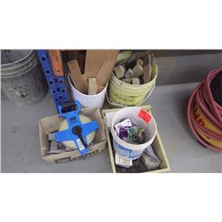 Variety of wood wedges / new garden hose attachments and 165 05 50 mtr measure tape