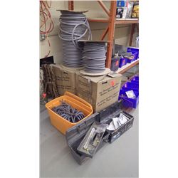 2 boxes plus 2 rolls and tub with backer rod source and 2 tool boxes with misc items
