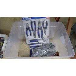 Tub of new screw drivers, MasterCraft pliers and wrench set