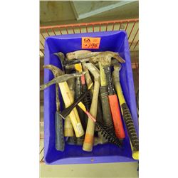 Tub with assorted hammers (carpenter and brick hammers, weldding chipping hammers)