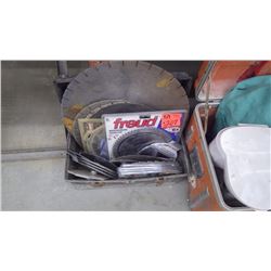 Large tool box with newer welding jacket, 2 coffee makers, new and used masonry and wood working saw