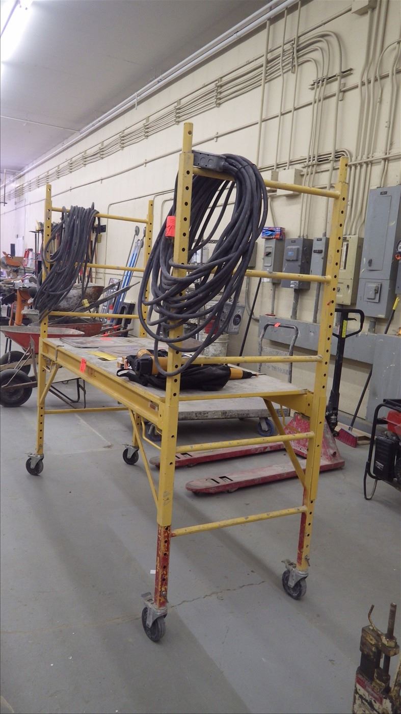 Adjustable metal shelving, work platform on wheels