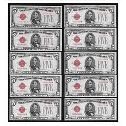 Lot of (10) Consecutive 1928C $5 Legal Tender Red Seal Notes