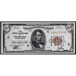 1929 $5 Federal Reserve Bank of Philadelphia National Currency Note