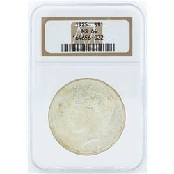 1925 $1 Peace Silver Dollar Coin NGC MS64
