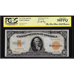1922 $10 Gold Certificate Note PCGS About New 50PPQ SPECIAL GOLD HOLDER