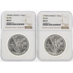 (2) 1994MO Mexico 1oz Silver Coins NGC MS67