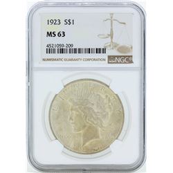 1923 $1 Peace Silver Dollar Coin NGC MS63