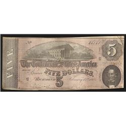 1864 $5 The Confederate States of America Note