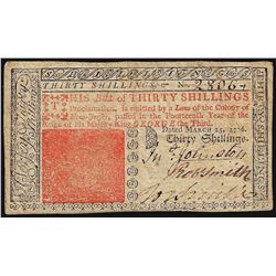 March 25, 1776 Thirty Shillings New Jersey Colonial Currency Note