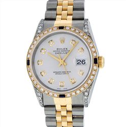 Rolex Mens Two Tone 18KT Yellow Gold Sapphire and Diamond Datejust Wristwatch