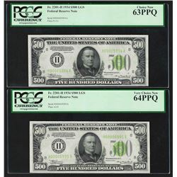 (2) Consecutive 1934 $500 Federal Reserve Notes Light Green Seals PCGS 63PPQ/64P