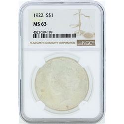 1922 $1 Peace Silver Dollar Coin NGC MS63