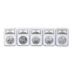 Lot of (5) 2000-2005 $1 American Silver Eagle Coins NGC MS69
