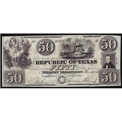 1840 $50 Republic of Texas Treasury Department Obsolete Note Cut Canceled