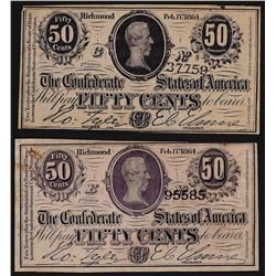 Set of (2) 1864 Fifty Cent Confederate States of America Notes
