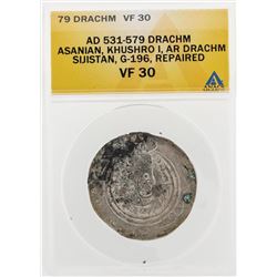 AD 531-579 Drachm Asanian Khushro I AR Drachm Sijistan G-196 Repaired Coin ANACS